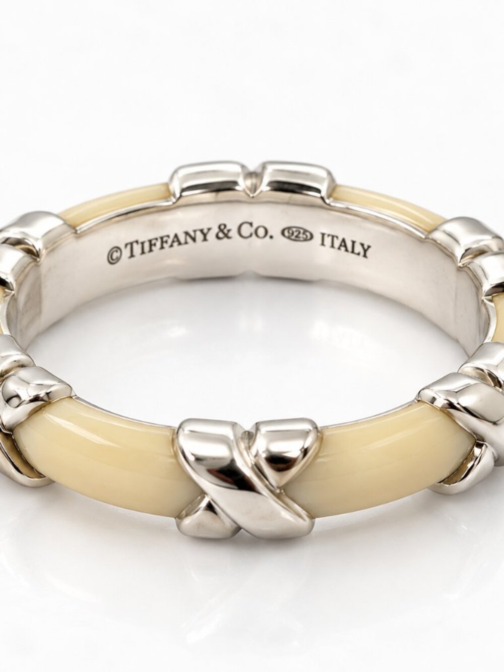 Tiffany & Co. Signature X Ring Size 9.5 in White Enamel and 925 Silver Stacking